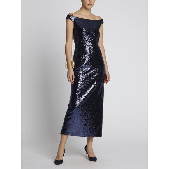Saloni Therese Navy Blue Sequin Off-The-Shoulder Formal Sheath Midi Dress Size 0 - Picture 1 of 14